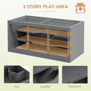 Diagram highlighting the cage's three-tier play area with hut, ladder and platform