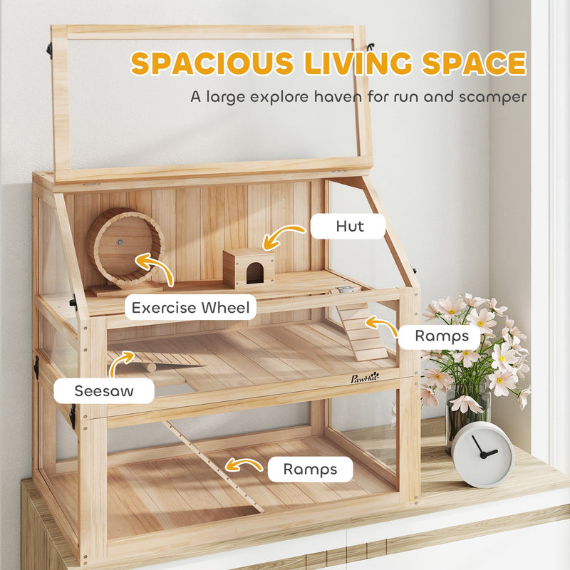 Infographic highlighting the hut, exercise wheel, seesaw and ramps
