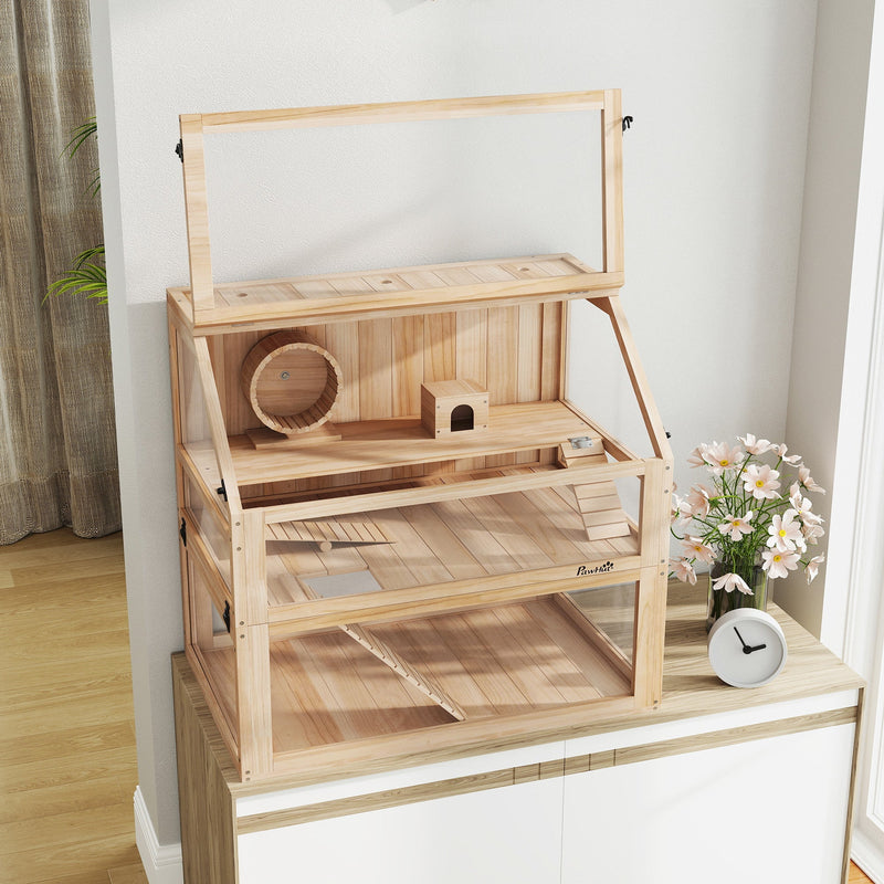 Natural wood hamster cage with the top lid open on a sideboard