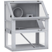 Light grey hamster cage with 32cm deep bottom on a plain background