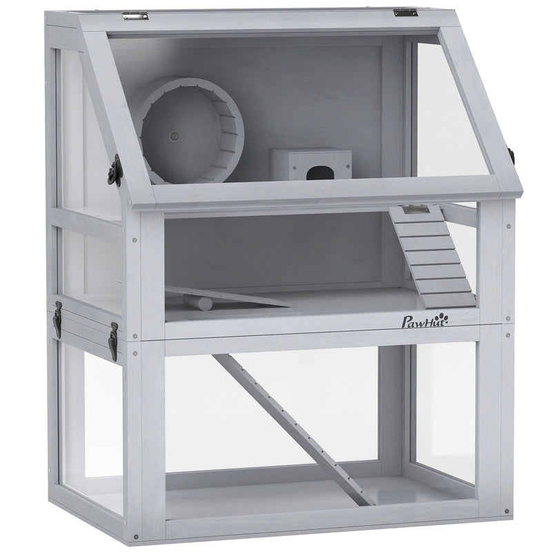 Light grey hamster cage with 32cm deep bottom on a plain background