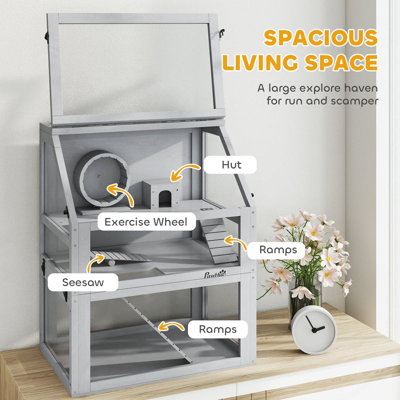 Infographic highlighting the hut, exercise wheel, seesaw and ramps on the light grey cage