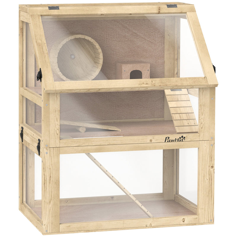 Natural wood hamster cage with 32cm deep bottom on a plain background