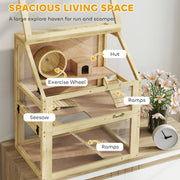 Infographic highlighting the hut, exercise wheel, seesaw and ramps