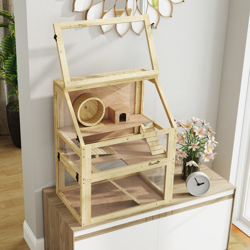 Natural wood hamster cage with the top lid open on a sideboard