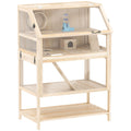 Pawhut natural wood hamster cage with storage shelf and seesaw on a plain background