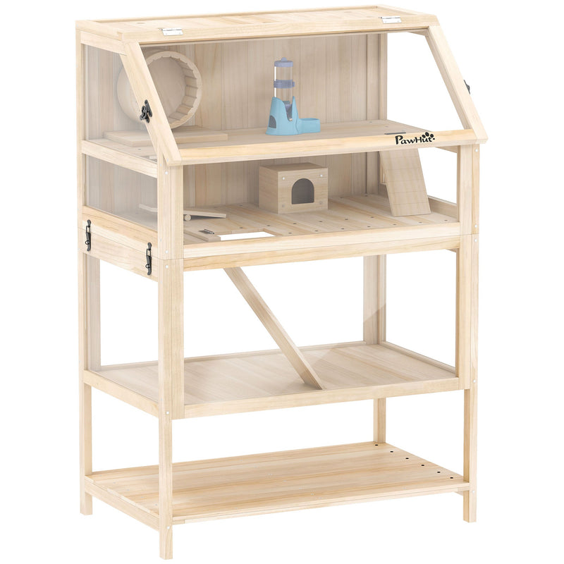 Pawhut natural wood hamster cage with storage shelf and seesaw on a plain background