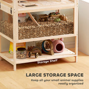 Close-up of the built-in storage shelf holding hamster food and supplies