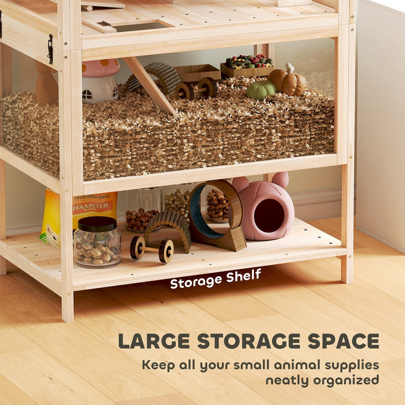 Close-up of the built-in storage shelf holding hamster food and supplies