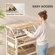 Woman opening the hinged front door to access the cage