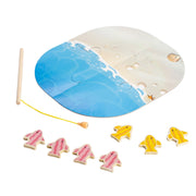 Fishing game mat with wooden fishing rod and fish pieces