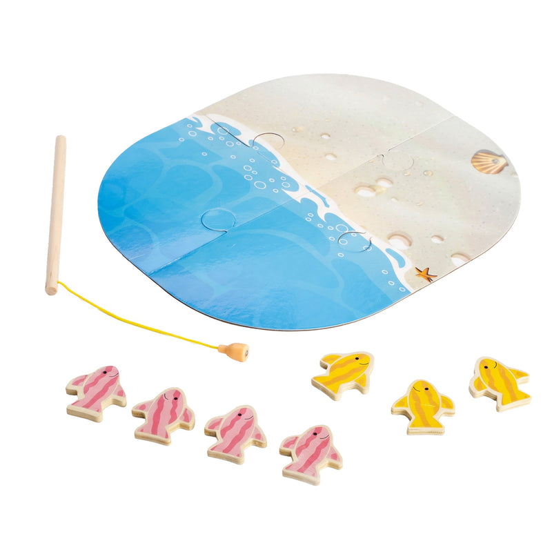 Fishing game mat with wooden fishing rod and fish pieces
