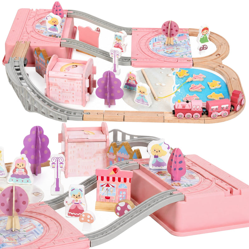 Pink princess castle wooden train set with track, train and princess figures on a white background