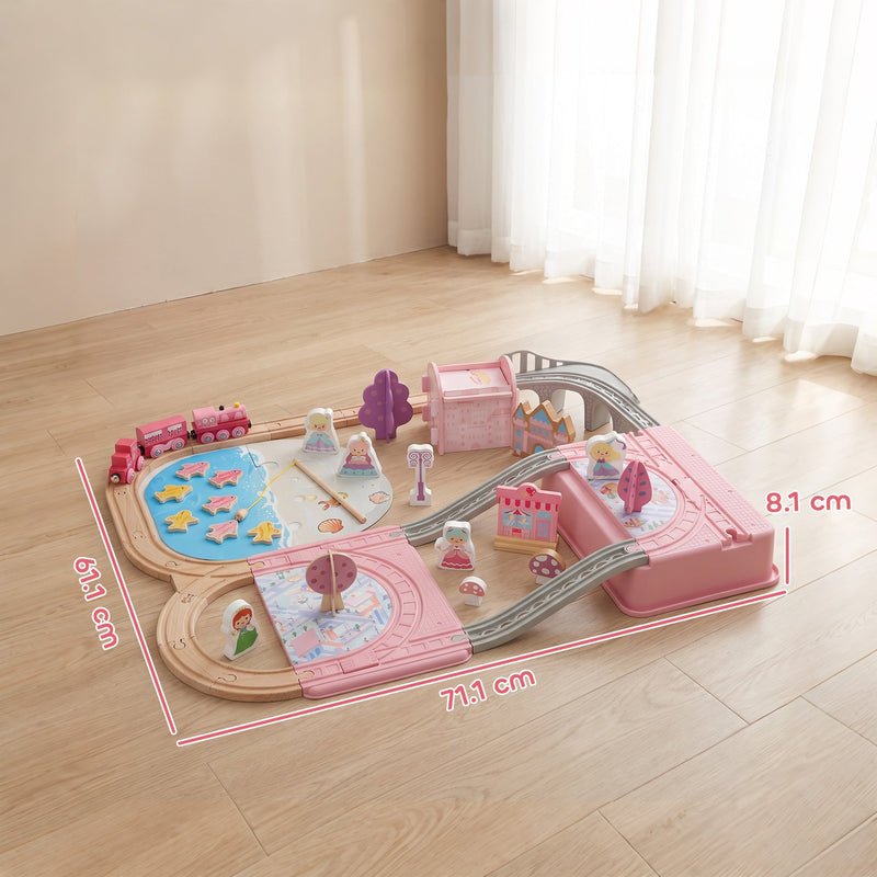 Princess castle train set layout on a wooden floor with 71.1 x 61.1 x 8.1 cm dimensions