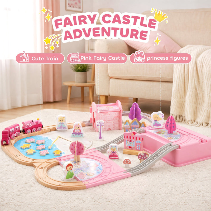 Fairy castle adventure banner showing the train, pink castle and princess figures on a rug