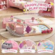 Triple play graphic showing track building, role play and interactive fishing