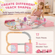 Girl building track shapes beside a layout diagram of 17 track pieces and a 3-section train