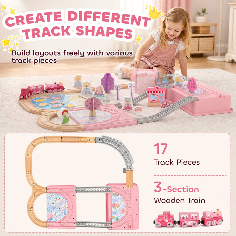 Girl building track shapes beside a layout diagram of 17 track pieces and a 3-section train