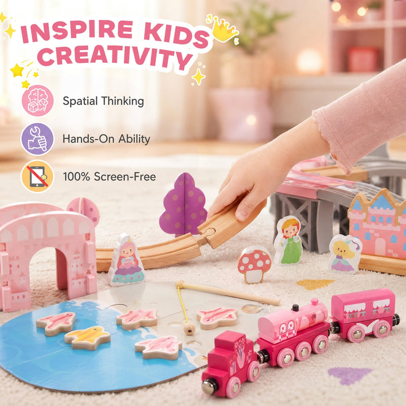 Child laying wooden track next to princess figures with spatial thinking and screen-free icons