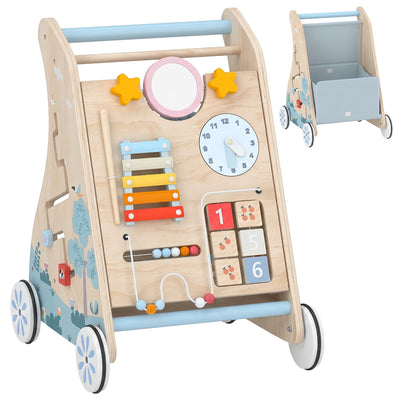 Wooden baby walker with double-sided activity board, front and rear storage view, studio shot