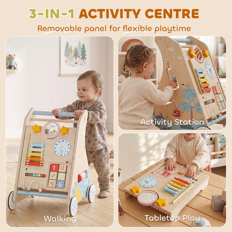 3-in-1 activity centre collage showing walking, activity station and tabletop play