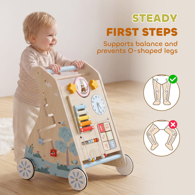 Toddler pushing the walker with a diagram showing support for balanced leg development