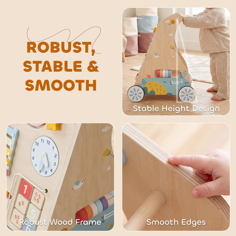 Close-ups of the robust wood frame, smooth edges and stable height design