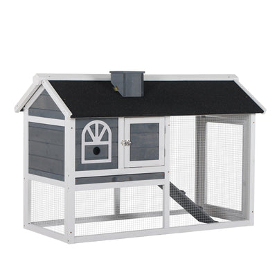 PawHut grey and white wooden rabbit hutch and run with asphalt roof and mesh run, studio shot