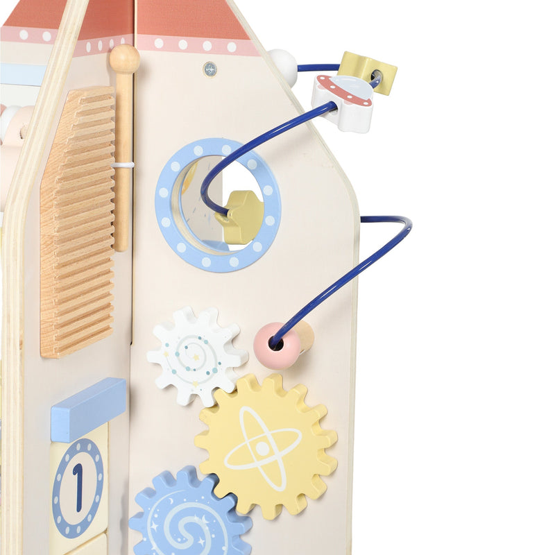 Close-up of the rocket's bead wire maze, gears, number tile and slatted panel