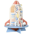 Wooden rocket activity centre with bead maze, gears, number tiles and rover on a blue base
