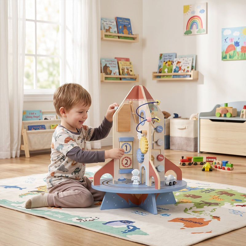 Boy playing with the rocket activity centre in a child's playroom