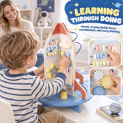 Child sliding abacus beads on the rocket beside a learning through doing graphic