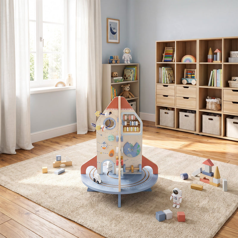 Rocket activity centre in a playroom with scattered blocks and shelving behind