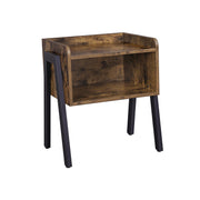 Vasagle wooden side table with open drawer, front view in rustic brown and black finish