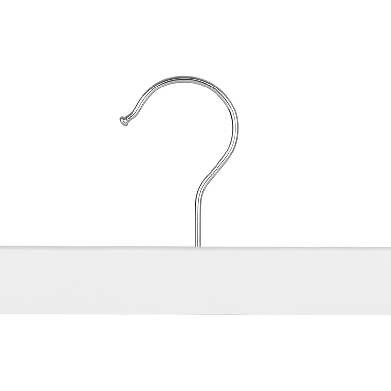 Close-up of the chrome swivel hook fitted to a white wooden hanger