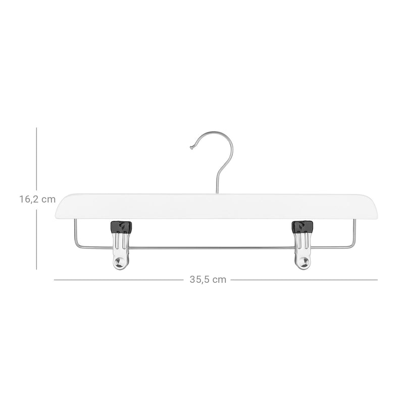 Dimension diagram of the white wooden hanger at 35.5 cm wide and 16.2 cm high