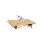 Stack of 8 natural wooden skirt and trouser hangers with chrome hooks and clips