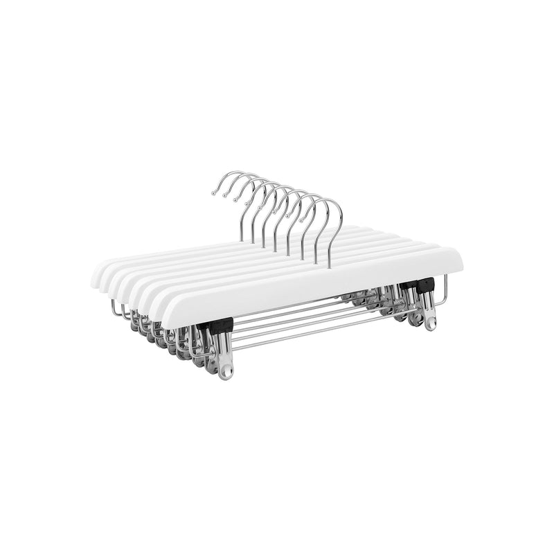 Stack of 8 white wooden skirt and trouser hangers with chrome hooks and clips