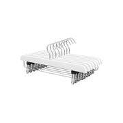 Row of white wooden trouser hangers fanned out to show the chrome clip bars