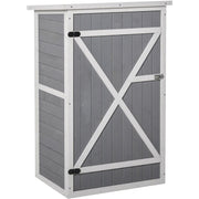 Grey wooden garden shed with white trim and a closed braced door, front view