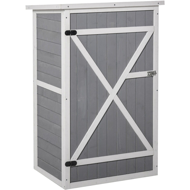 Grey wooden garden shed with white trim and a closed braced door, front view