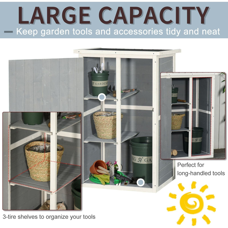 Capacity panel for the grey shed with tools and pots on its shelves