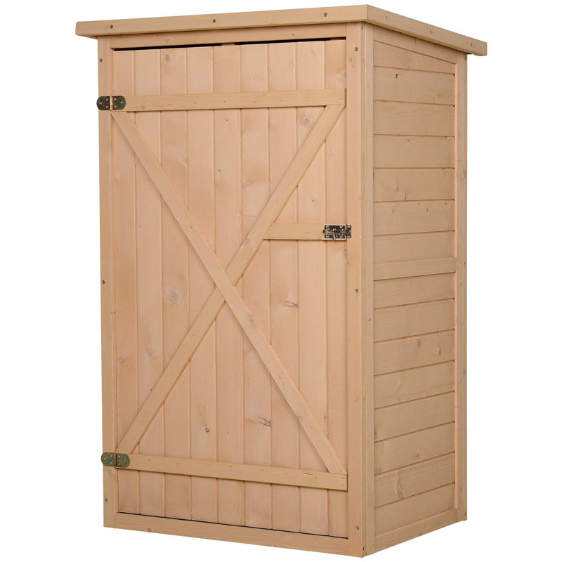 Angled studio view of the natural wooden garden shed with the door closed
