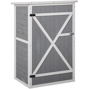 Angled studio view of the grey wooden garden shed with the door closed