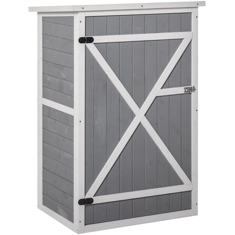 Angled studio view of the grey wooden garden shed with the door closed