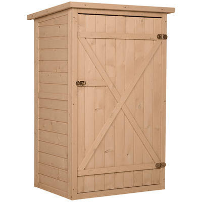 Natural fir wooden garden shed with a pent asphalt roof and closed braced door