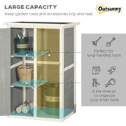 Panel highlighting the 3-tier shelves and the full-height bay for long-handled tools