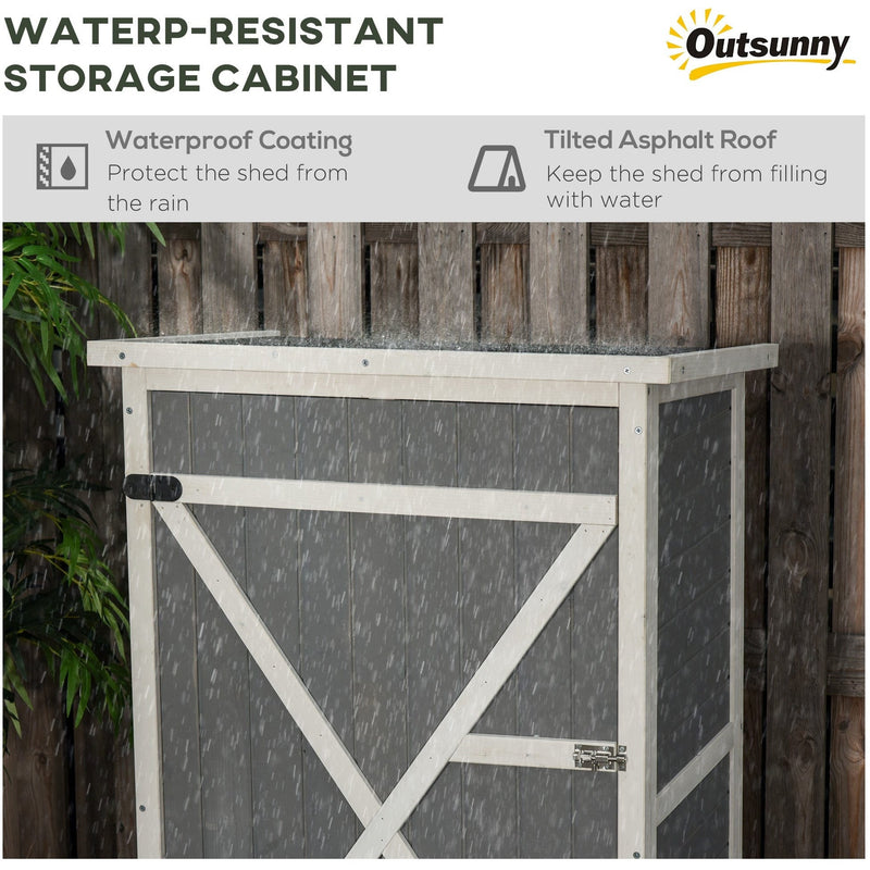 Panel showing rain running off the shed's waterproof coating and tilted asphalt roof