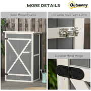 Details panel for the grey shed showing the frame, bolt latch and metal hinge
