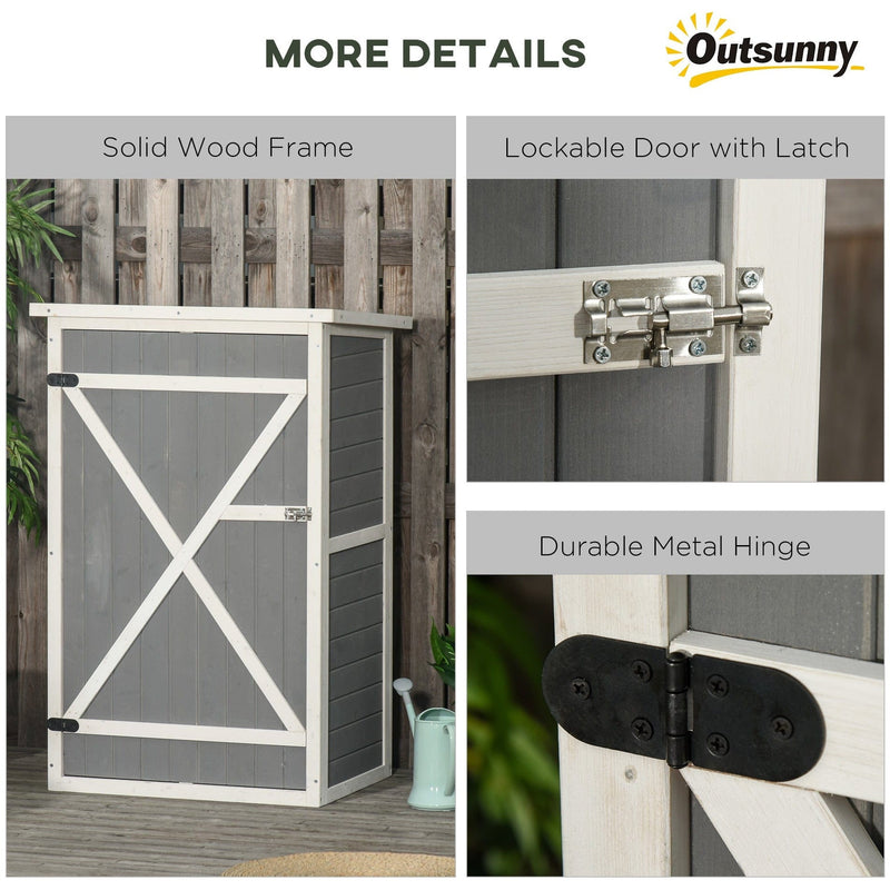 Details panel for the grey shed showing the frame, bolt latch and metal hinge